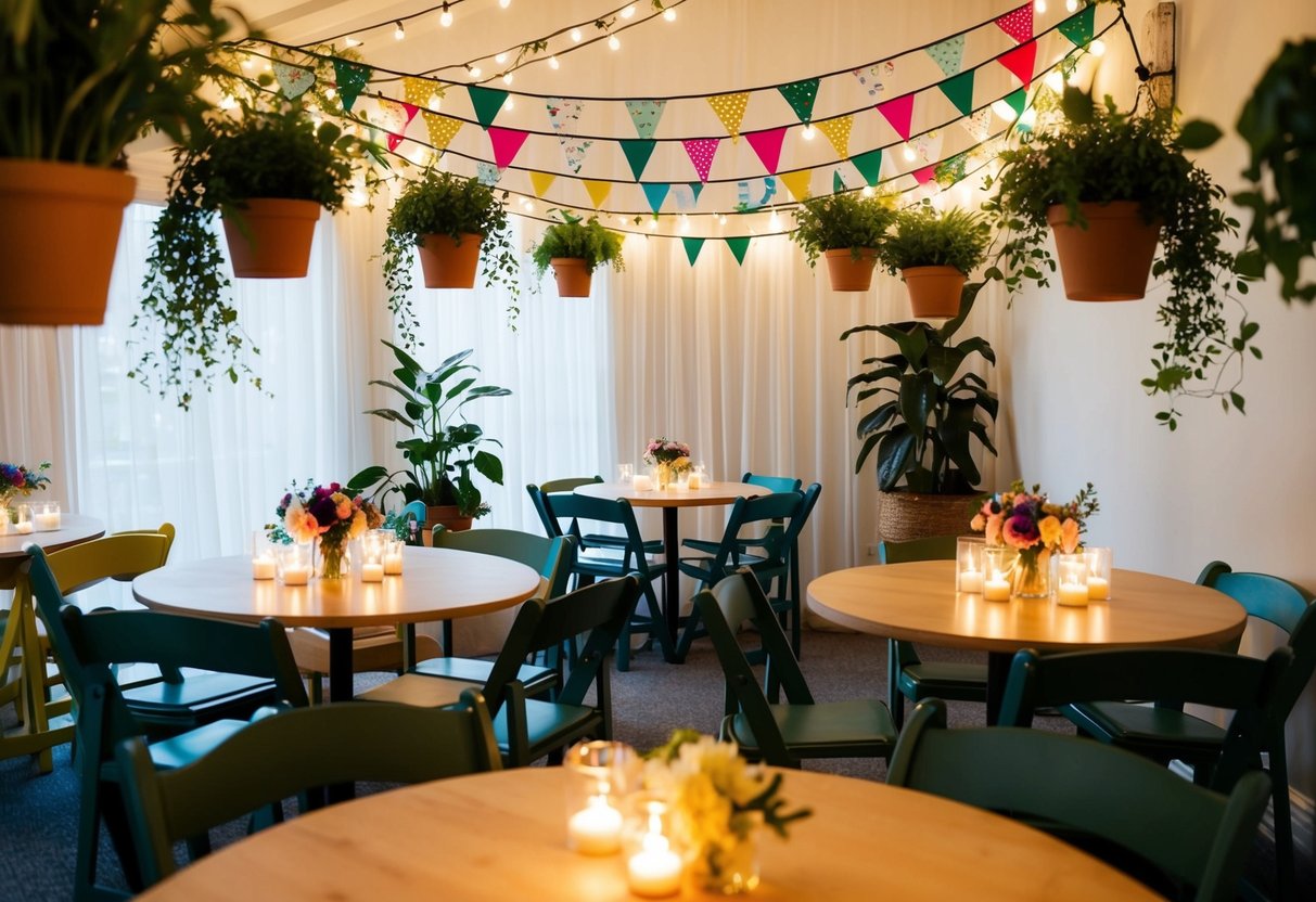 A cozy small venue with string lights, potted plants, and colorful bunting hanging from the ceiling. Tables adorned with small flower arrangements and flickering tea lights