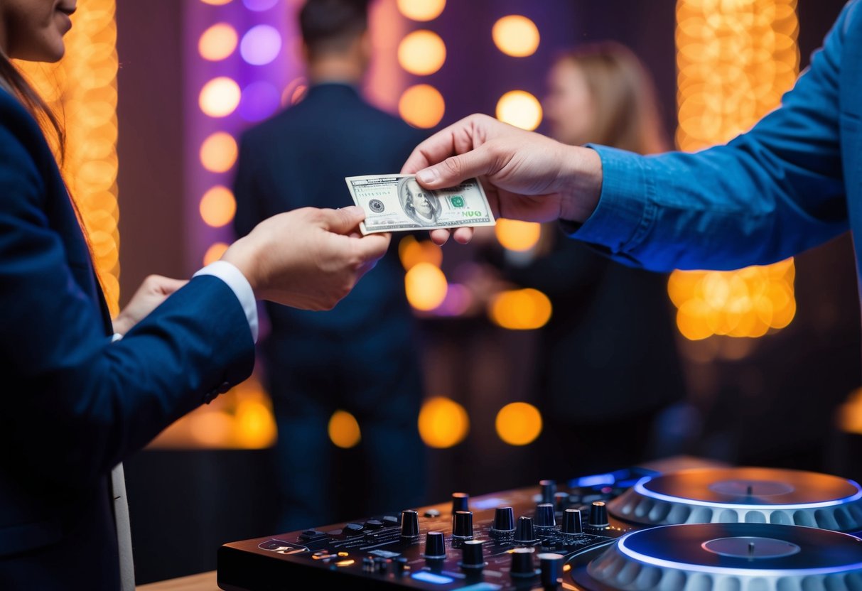 A couple placing cash in an envelope and handing it to a DJ