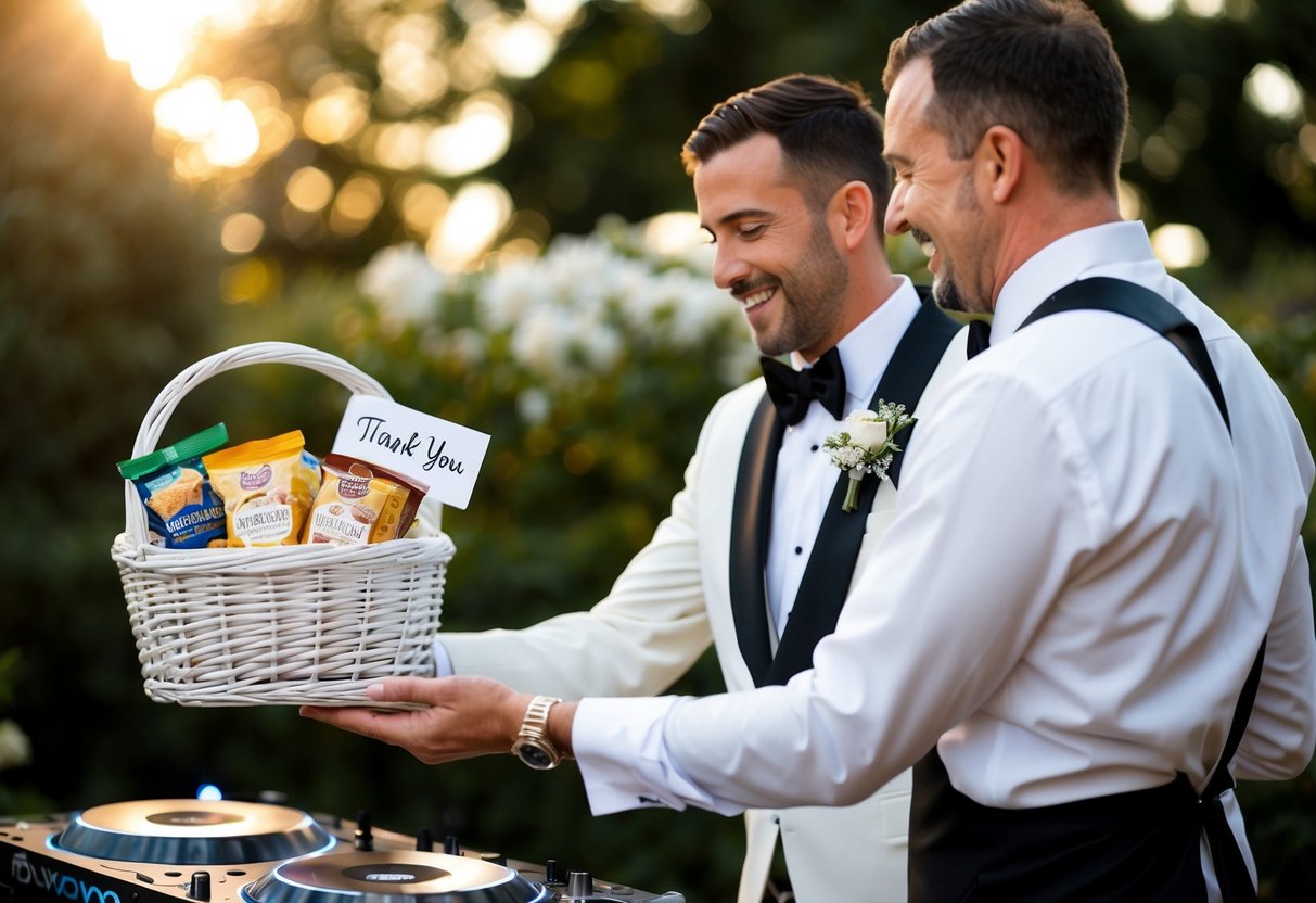 A wedding DJ receiving a gift basket of gourmet snacks and a thank you note from a happy couple