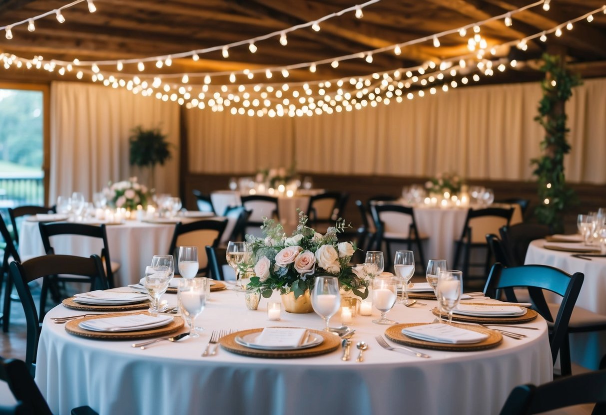 A cozy, intimate venue adorned with twinkling string lights, delicate floral arrangements, and elegant table settings