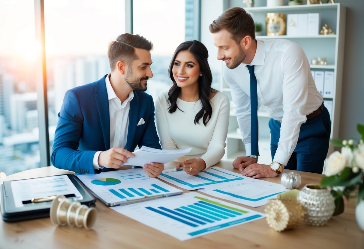 A couple discussing wedding budget with a planner, surrounded by spreadsheets and decor samples