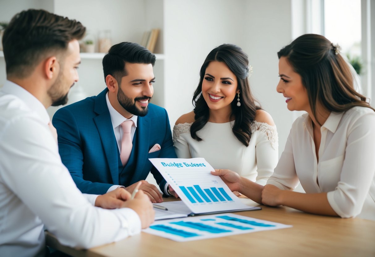 A couple sitting at a table, discussing wedding plans with a wedding planner. The planner is showing them a breakdown of budget allocation