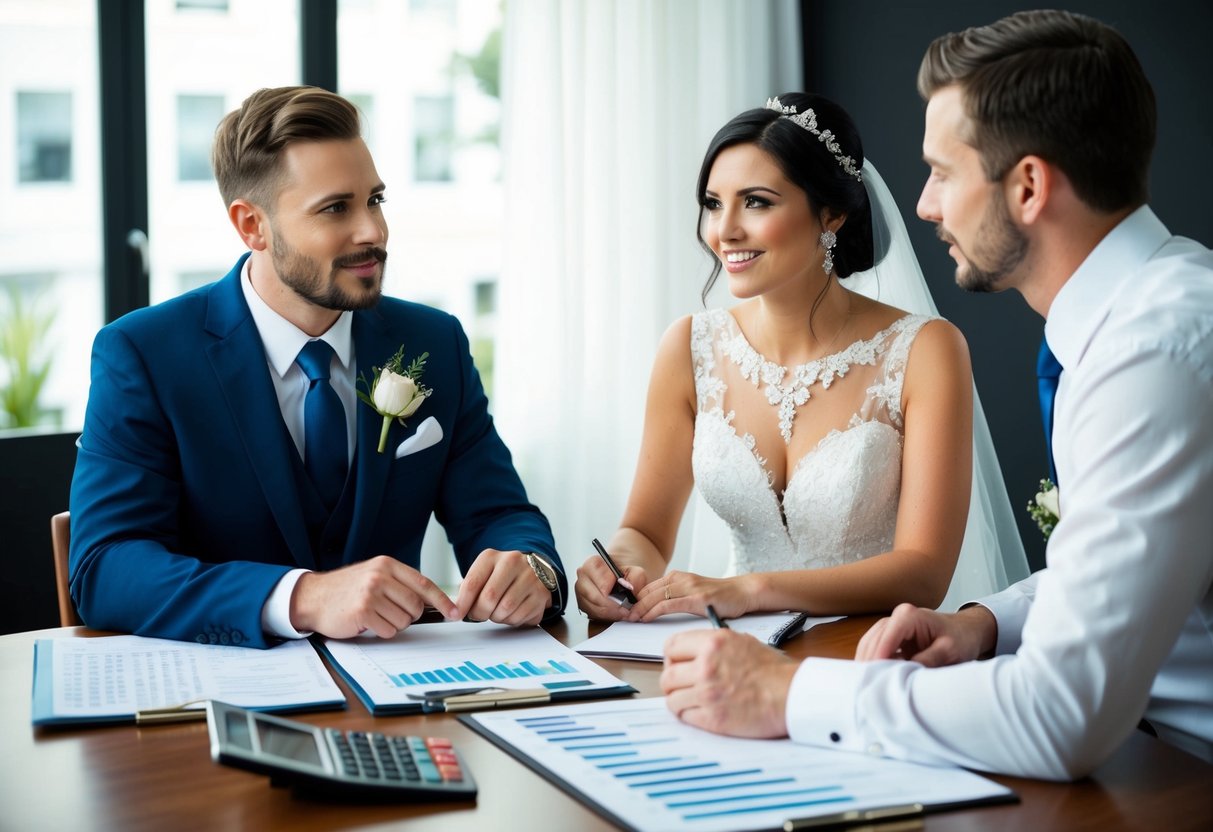 A bride and groom sit at a table with a wedding planner, discussing details and expenses. A budget spreadsheet and calculator are visible