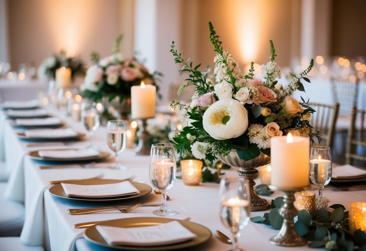 A table at a wedding is adorned with delicate floral centerpieces, elegant place settings, and flickering candles in ornate holders