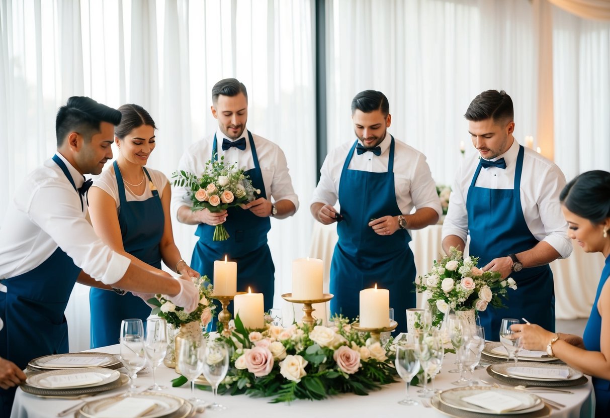 A group of decorators arranging flowers, candles, and table settings for a wedding reception