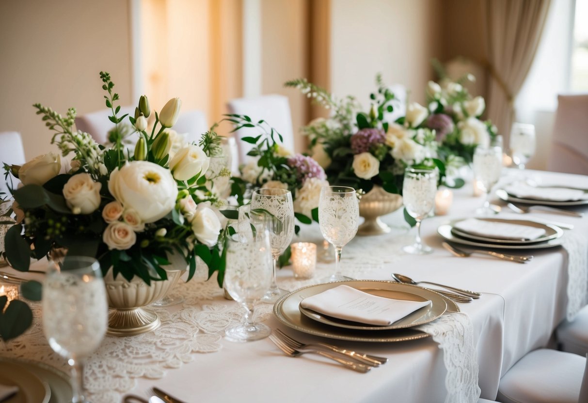 A table at a wedding is adorned with elegant floral centerpieces, delicate lace table runners, and sparkling silverware and glassware