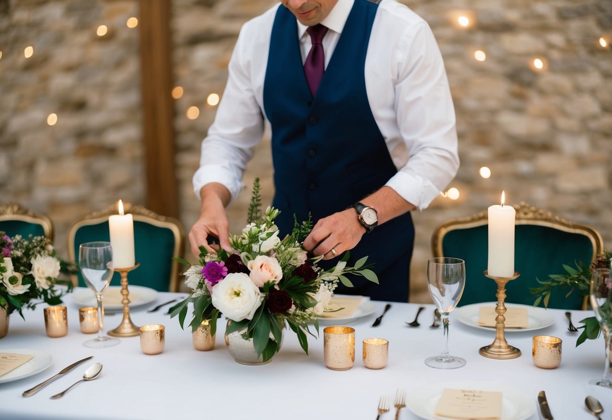 A person arranging table decor for a wedding, including flowers, candles, and place settings