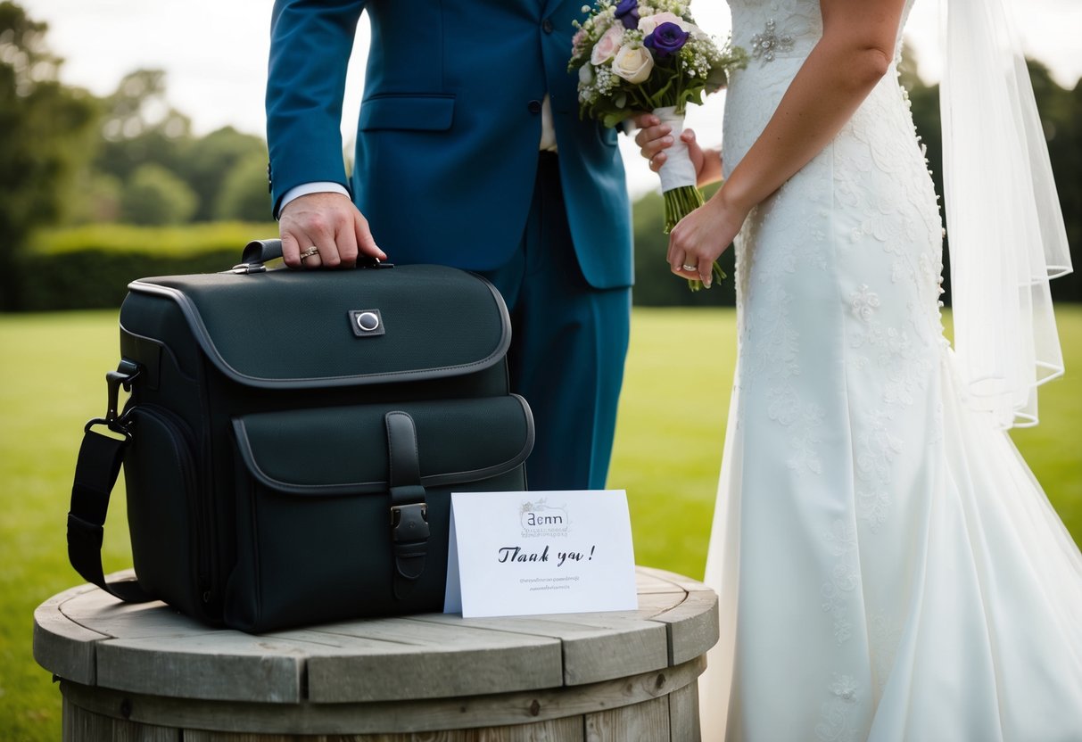 A bride and groom standing by a wedding photographer's camera bag, with a tip envelope and a thank you note