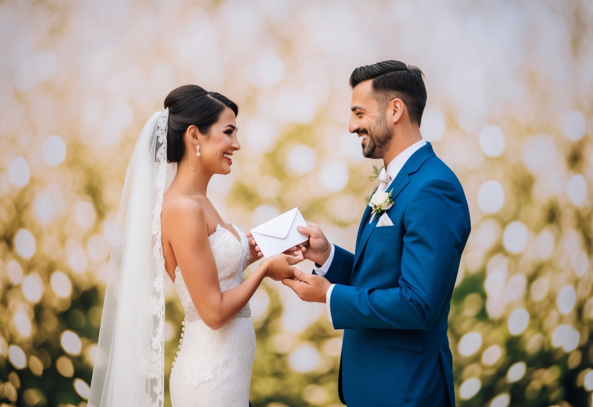 A bride and groom hand over an envelope to a wedding photographer with a smile, standing in front of a beautiful backdrop