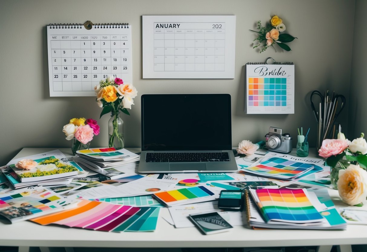 A cluttered desk with scattered papers, magazines, and a laptop, surrounded by colorful swatches, flower samples, and bridal magazines. A calendar on the wall marks off dates