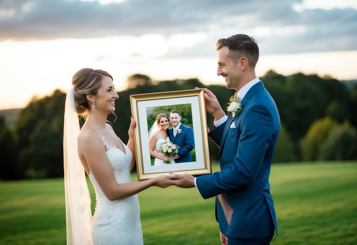A bride and groom presenting a framed photo to their wedding photographer with big smiles and a heartfelt thank you