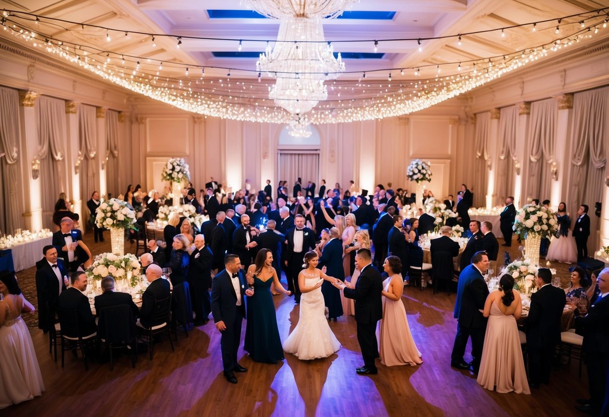 A grand ballroom filled with twinkling string lights, elegant floral centerpieces, and a dance floor bustling with joyful guests