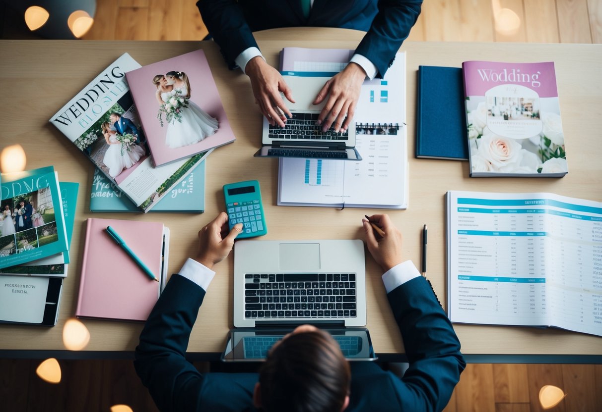 A person sitting at a desk surrounded by wedding magazines, notebooks, and a laptop, with a calculator and budget spreadsheet open