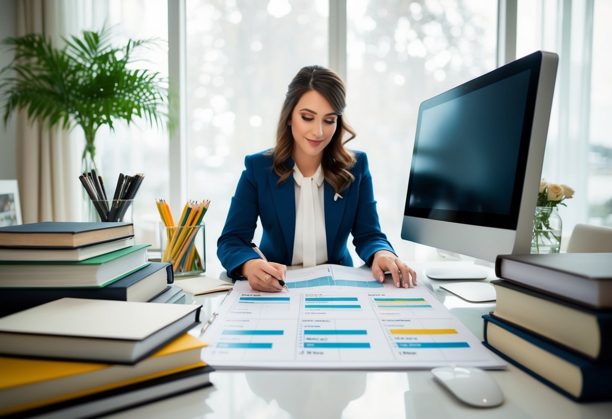 A wedding planner surrounded by books, calendars, and a computer, mapping out timelines and schedules