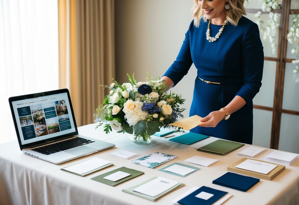 A wedding planner covers a table with fabric swatches, flower arrangements, and invitation samples. A laptop displays venue options and a mood board
