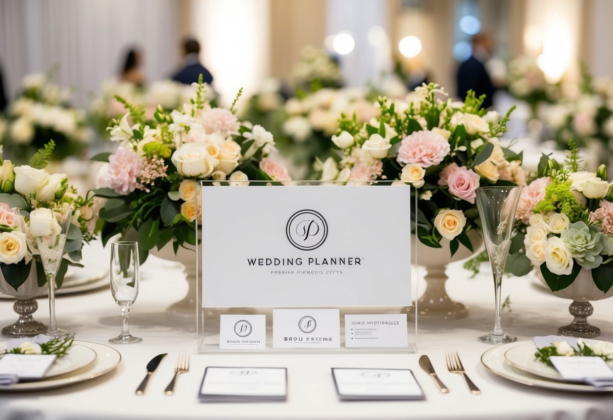 A wedding planner's logo and business card displayed at a bridal expo booth, surrounded by beautifully arranged floral centerpieces and elegant table settings