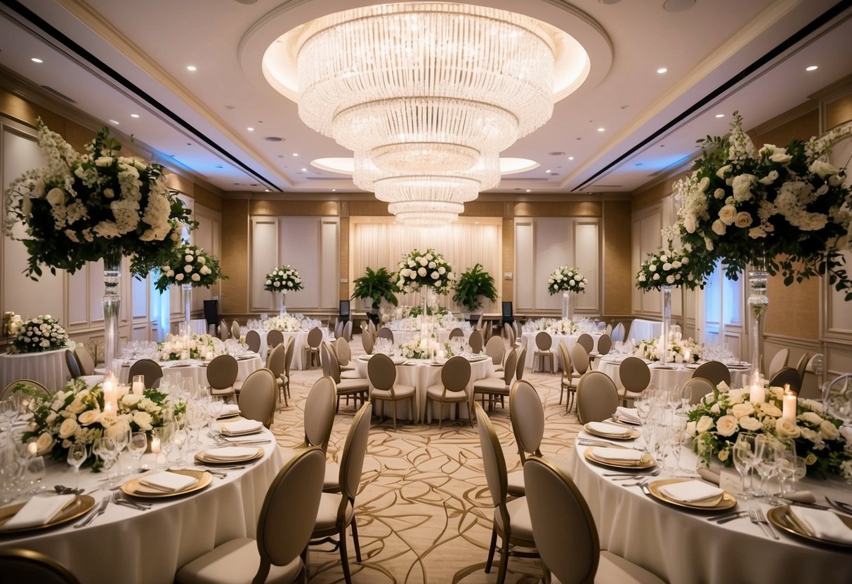 A grand wedding venue with elegant decor, floral arrangements, and a luxurious banquet spread