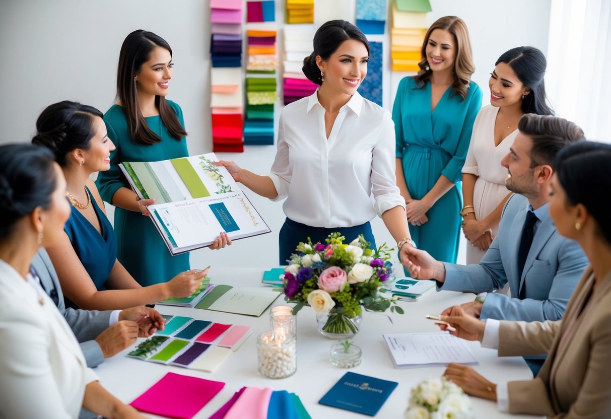 A wedding planner surrounded by colorful fabric swatches, floral arrangements, and sample invitations, while confidently presenting their portfolio to a group of potential clients
