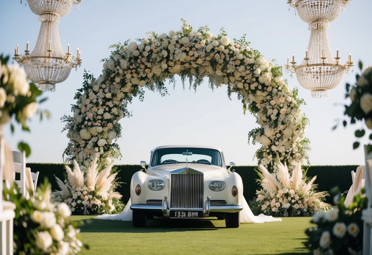 A lavish outdoor wedding with a grand floral arch, elegant chandeliers, and a luxurious vintage car as the centerpiece