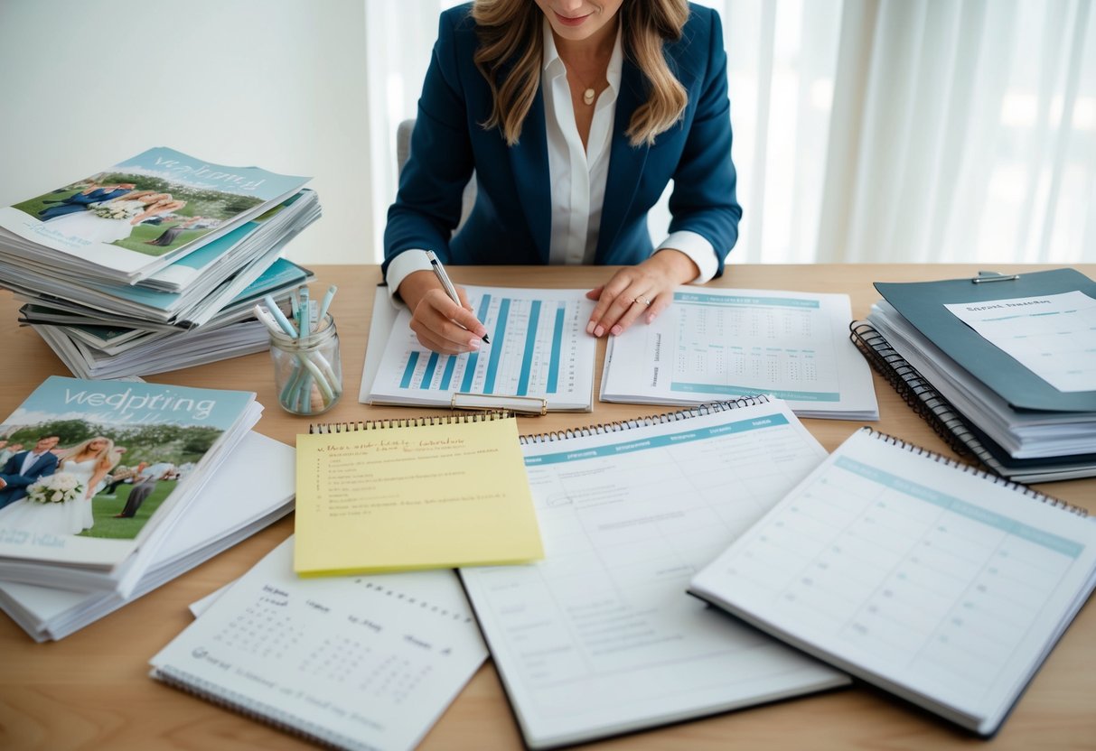 A woman surrounded by wedding magazines, spreadsheets, and a calendar, making decisions and taking notes for the upcoming event