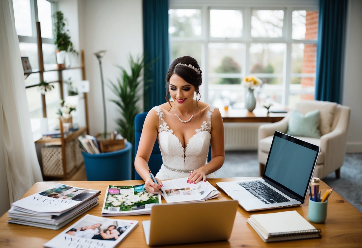 A bride sits at a desk surrounded by wedding magazines, a notebook, and a laptop. She is busy planning and organizing details for her upcoming wedding