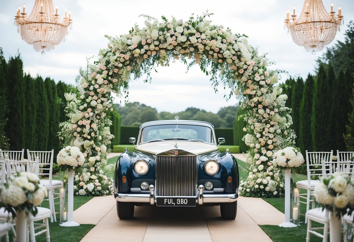 A lavish outdoor wedding with a grand floral arch, elegant chandeliers, and a luxurious vintage car as the groom's most expensive wedding