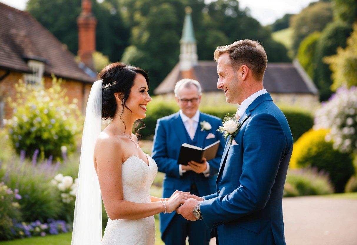 A wedding photographer in the UK capturing a couple exchanging vows in a picturesque outdoor setting