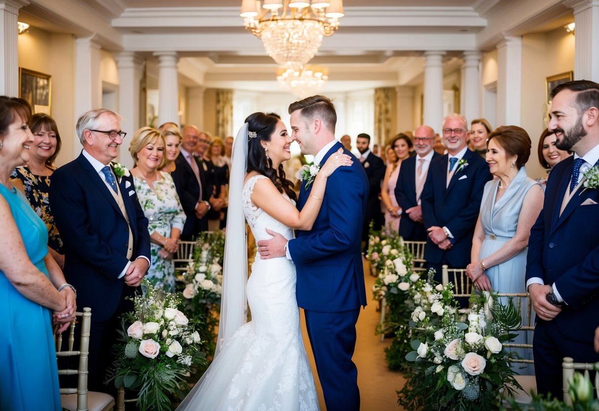 A wedding photographer in the UK capturing a couple exchanging vows in a beautifully decorated venue, surrounded by happy guests and elegant floral arrangements