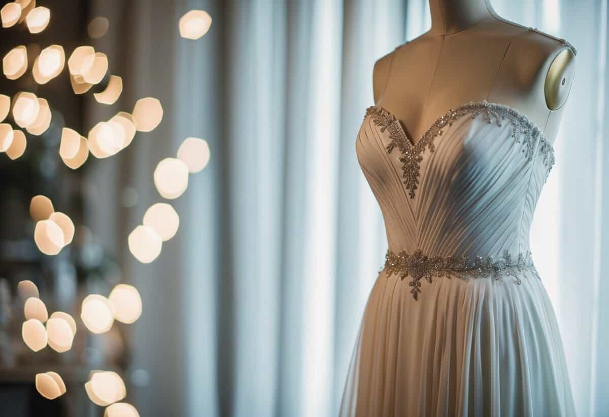 A slimming wedding dress draped over a mannequin, with a flowing skirt and a fitted bodice, adorned with delicate lace and intricate beading