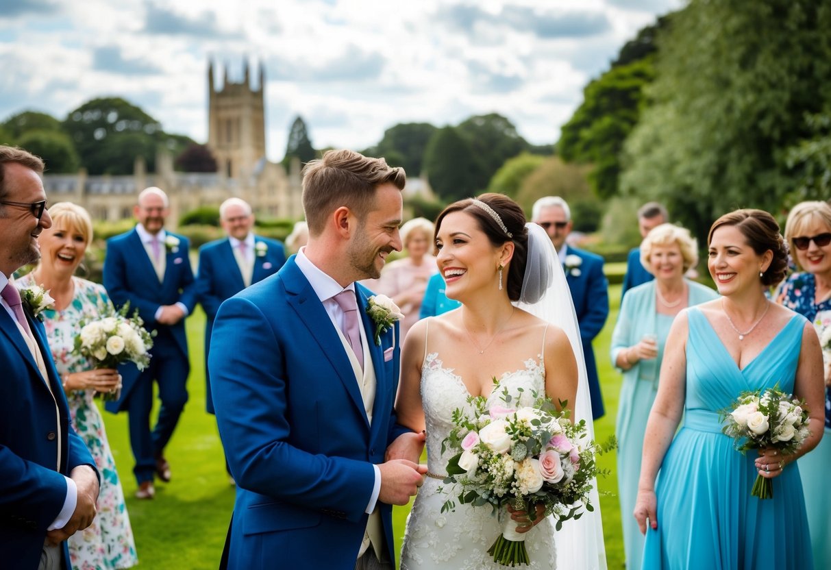 A wedding photographer in the UK capturing a couple's special day, surrounded by beautiful scenery and happy guests