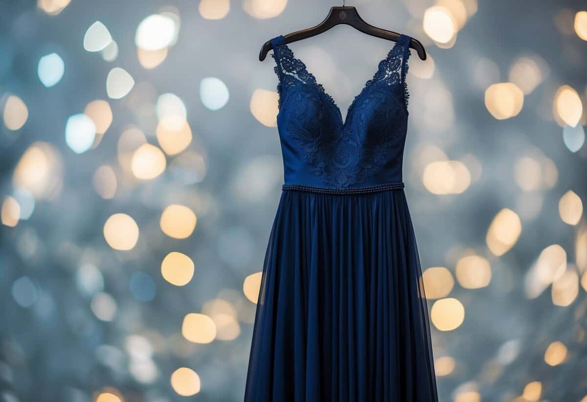 A sleek, A-line wedding dress in a deep, flattering shade of navy blue, with delicate lace detailing and a flowing chiffon skirt