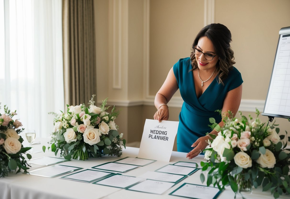 A wedding planner organizing seating charts, floral arrangements, and coordinating with vendors