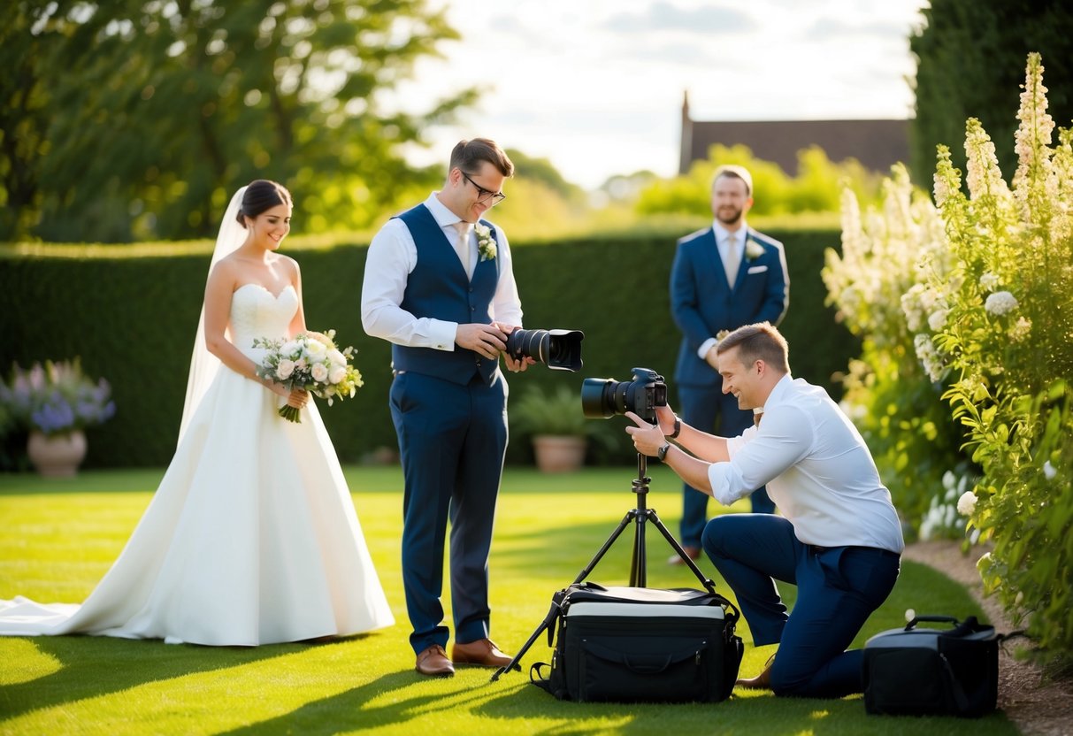 A wedding photographer setting up equipment in a sunlit garden, with a bride and groom standing nearby