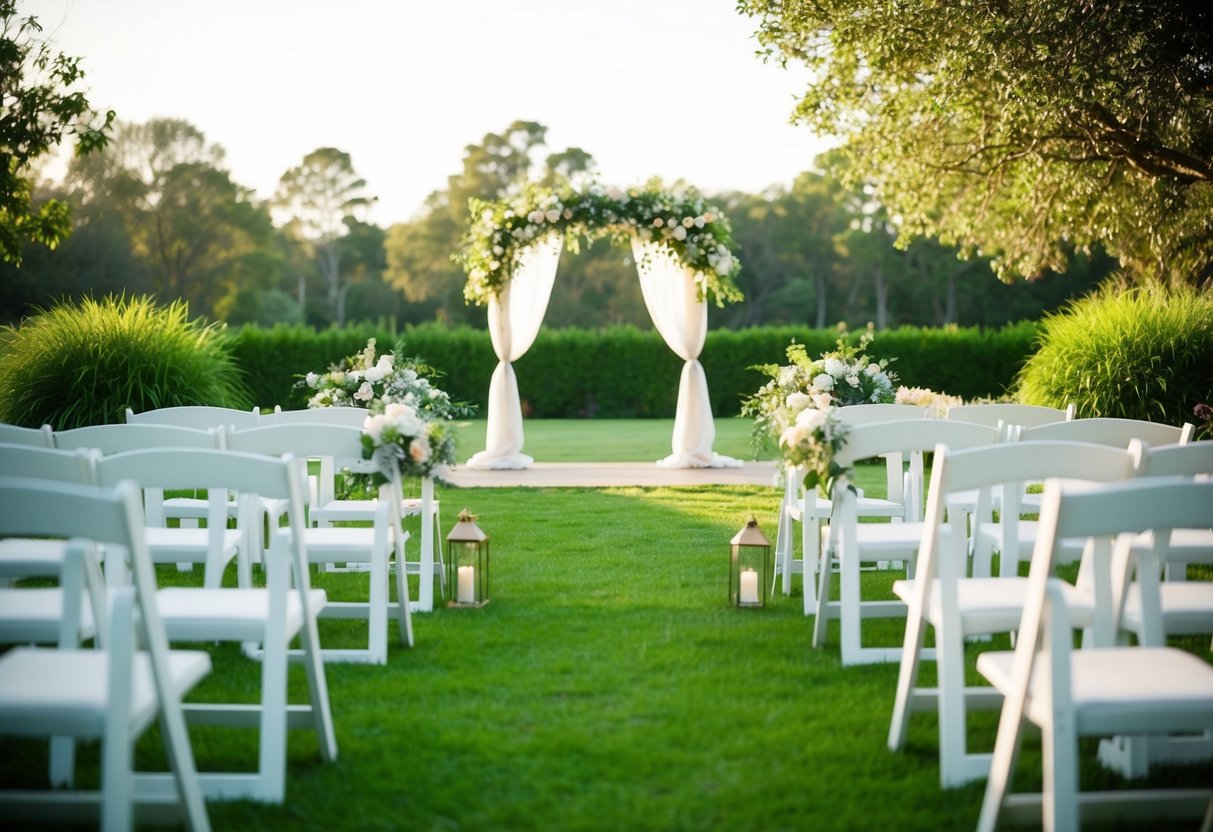 A serene outdoor wedding venue with soft natural lighting, a decorative arch, and lush greenery surrounding the area