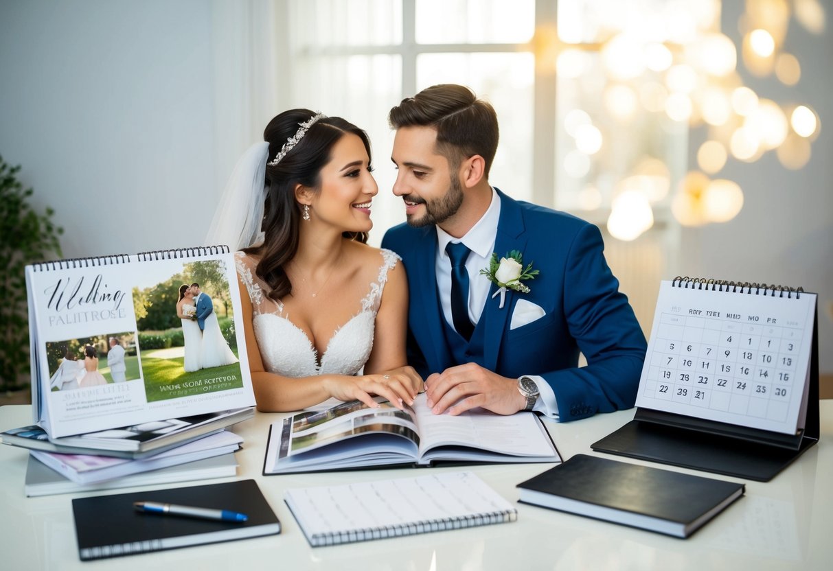 A couple surrounded by wedding magazines, notebooks, and a calendar, discussing and planning their wedding details