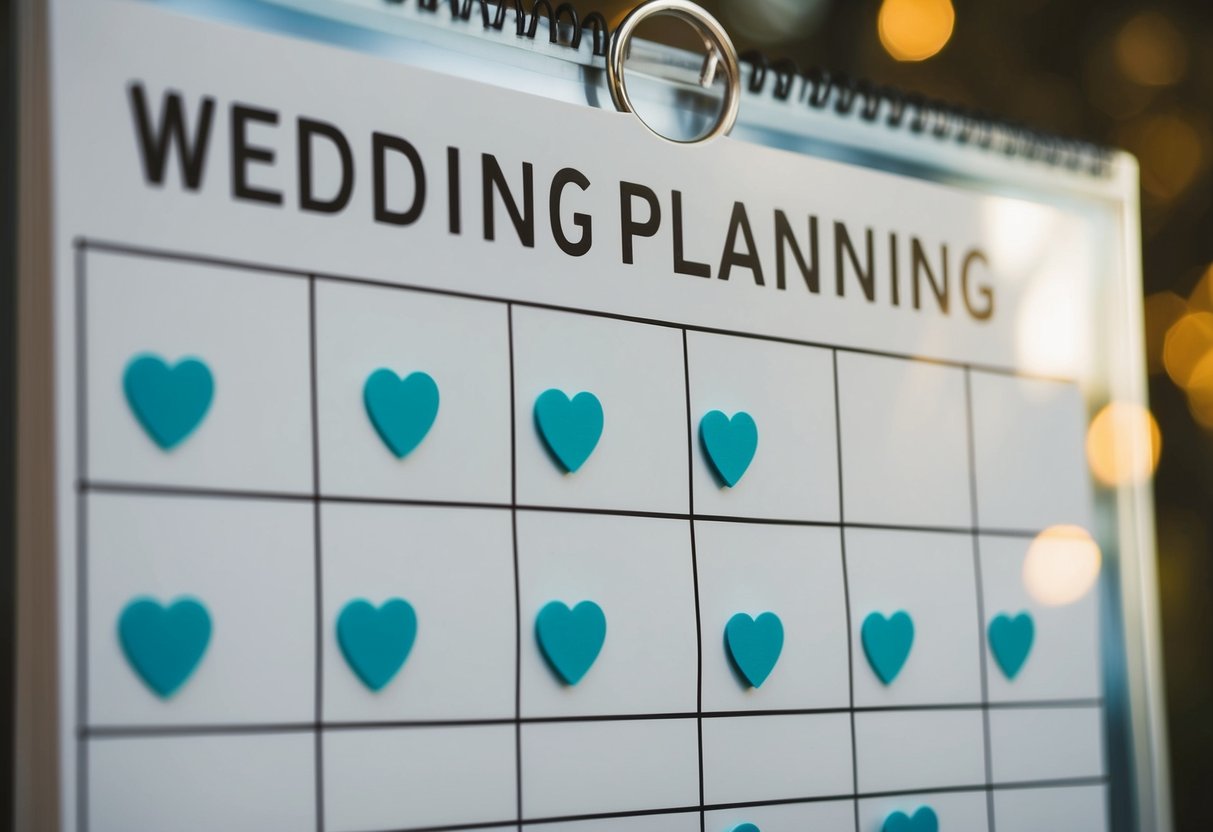 A calendar with wedding planning tasks marked off over several months