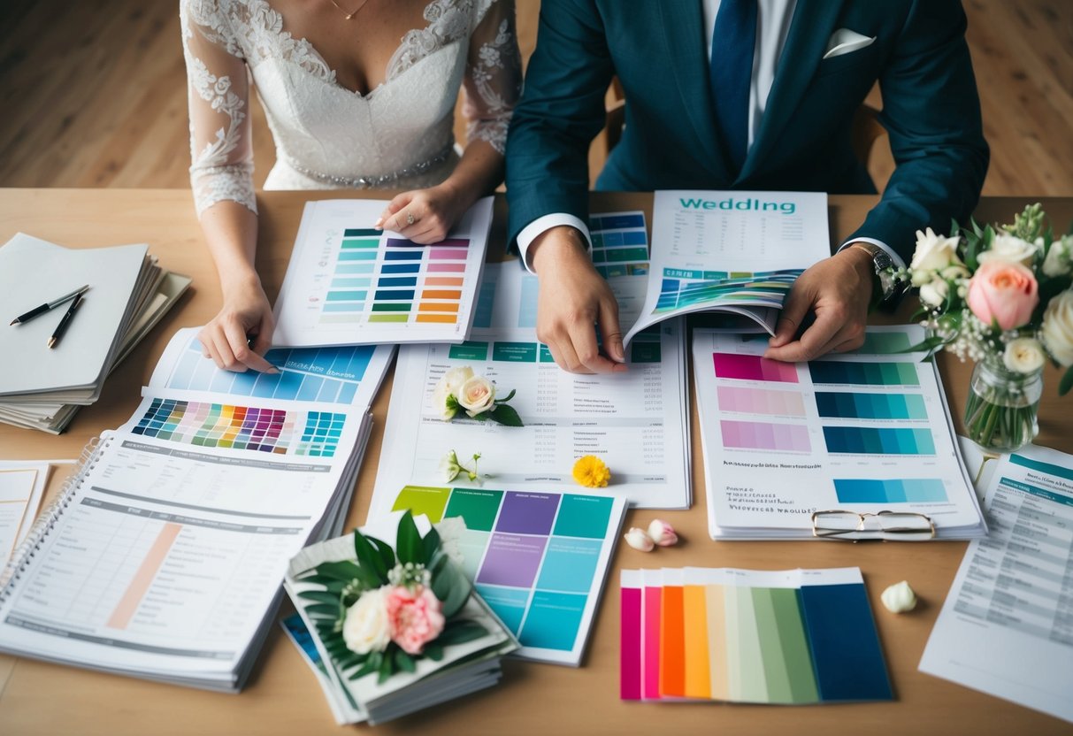 A couple sits at a table covered in wedding magazines and spreadsheets, surrounded by color swatches and flower samples, mapping out their dream wedding