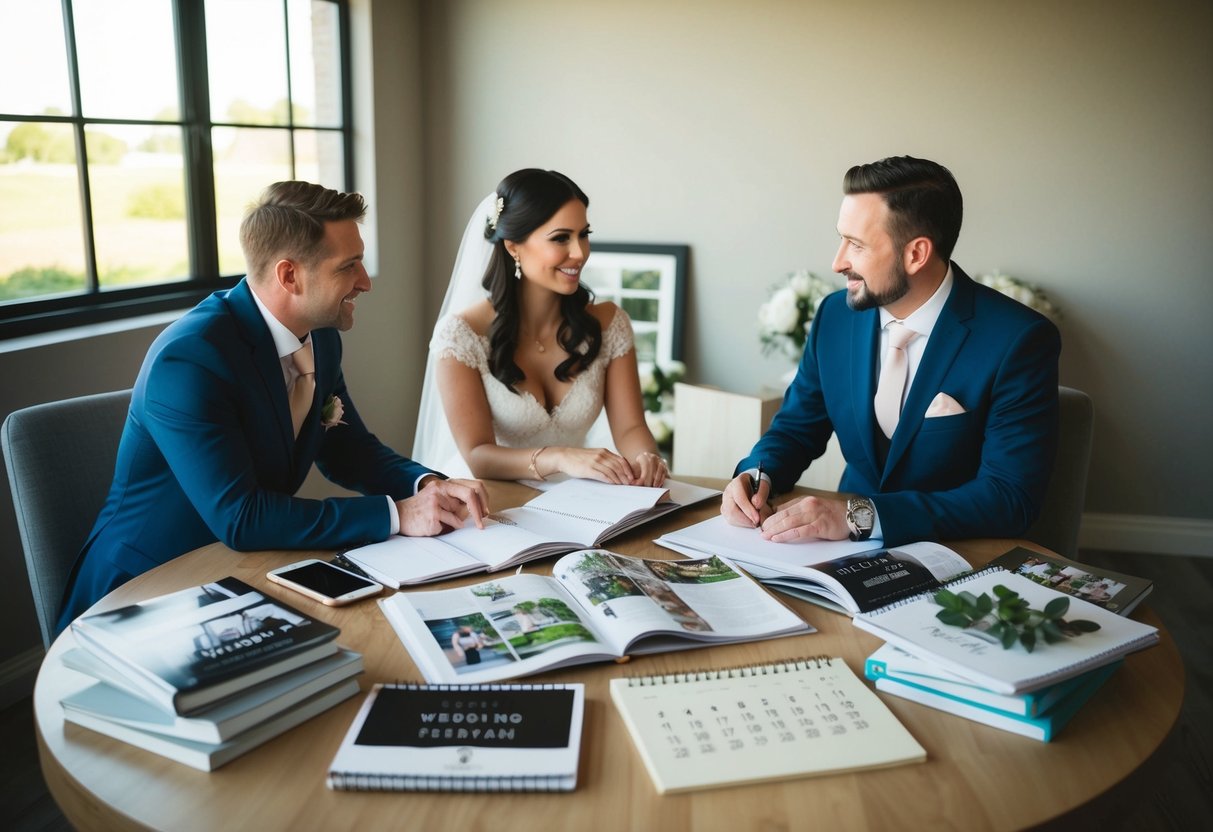 A couple sits at a table surrounded by wedding magazines, notebooks, and a calendar. They are discussing and planning their wedding details