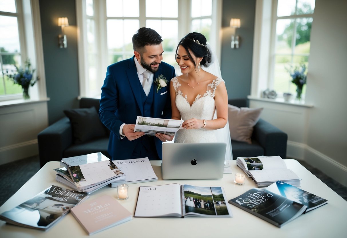 A couple surrounded by wedding magazines, calendars, and a laptop, discussing and planning their wedding details
