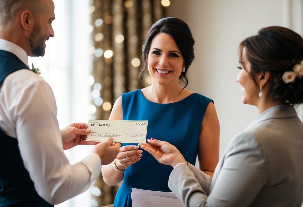 A wedding planner receiving a check with a pound sterling symbol on it