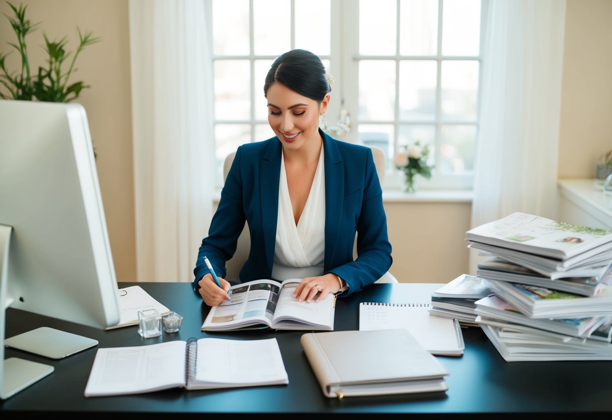 A wedding planner sitting at a desk, surrounded by wedding magazines, a computer, and a notebook, calculating expenses and fees