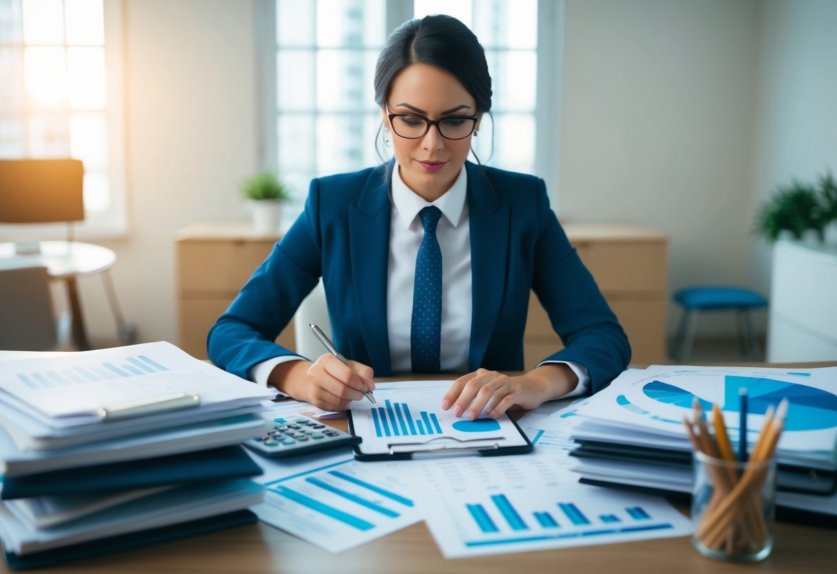 A wedding planner sitting at a desk, surrounded by spreadsheets and financial documents, calculating earnings with a determined expression