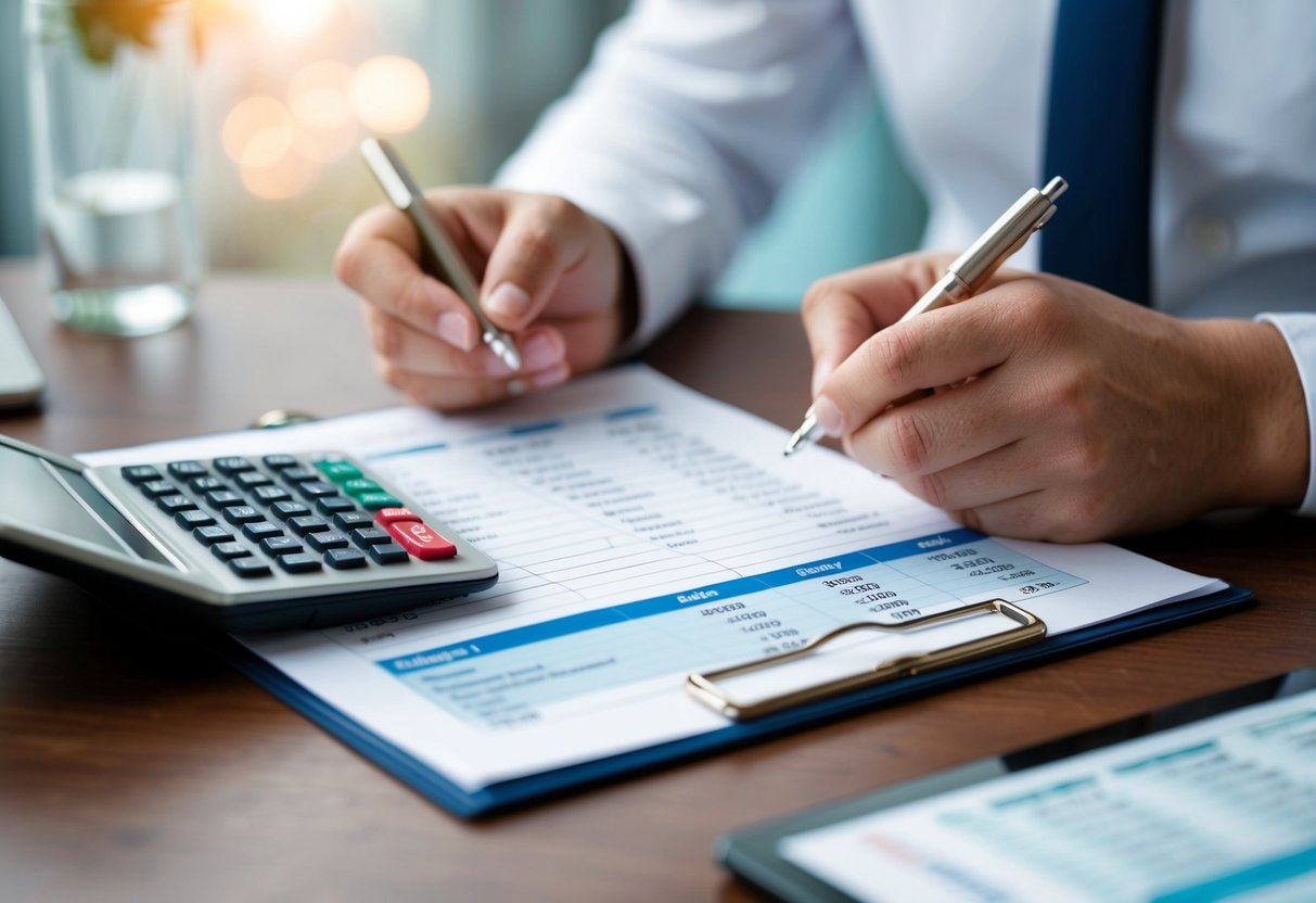 A wedding planner reviewing a budget spreadsheet with a calculator and pen in hand