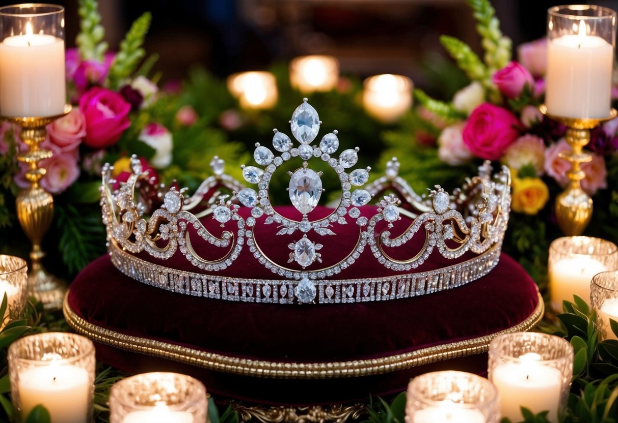 A lavish, ornate diamond-encrusted tiara displayed on a velvet cushion surrounded by opulent floral arrangements and shimmering candlelight