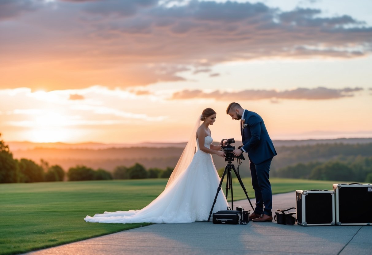 A wedding photographer setting up equipment at a scenic outdoor venue, with a beautiful sunset in the background
