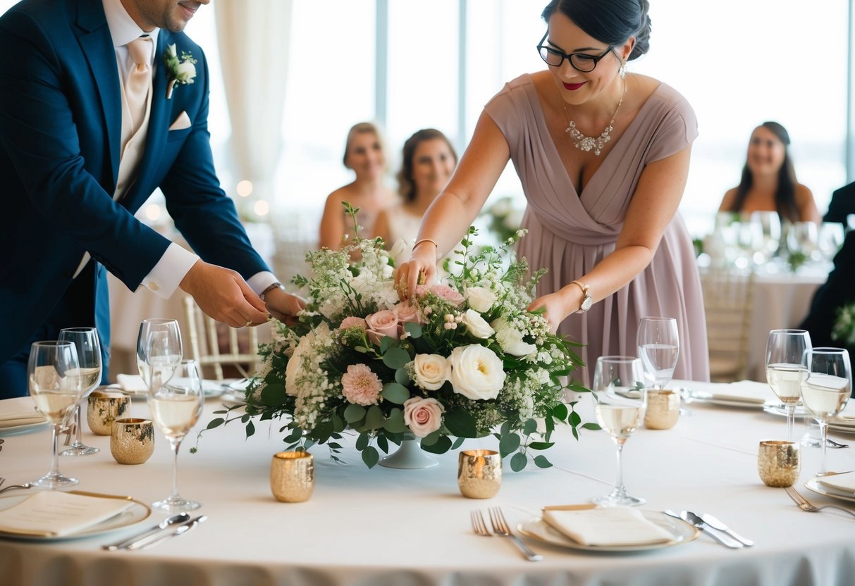 A wedding planner organizing seating arrangement and floral decorations for a reception