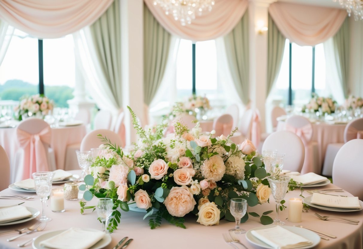 A soft palette of pastel pinks, greens, and creams adorns a romantic wedding venue, with delicate floral arrangements and elegant drapery