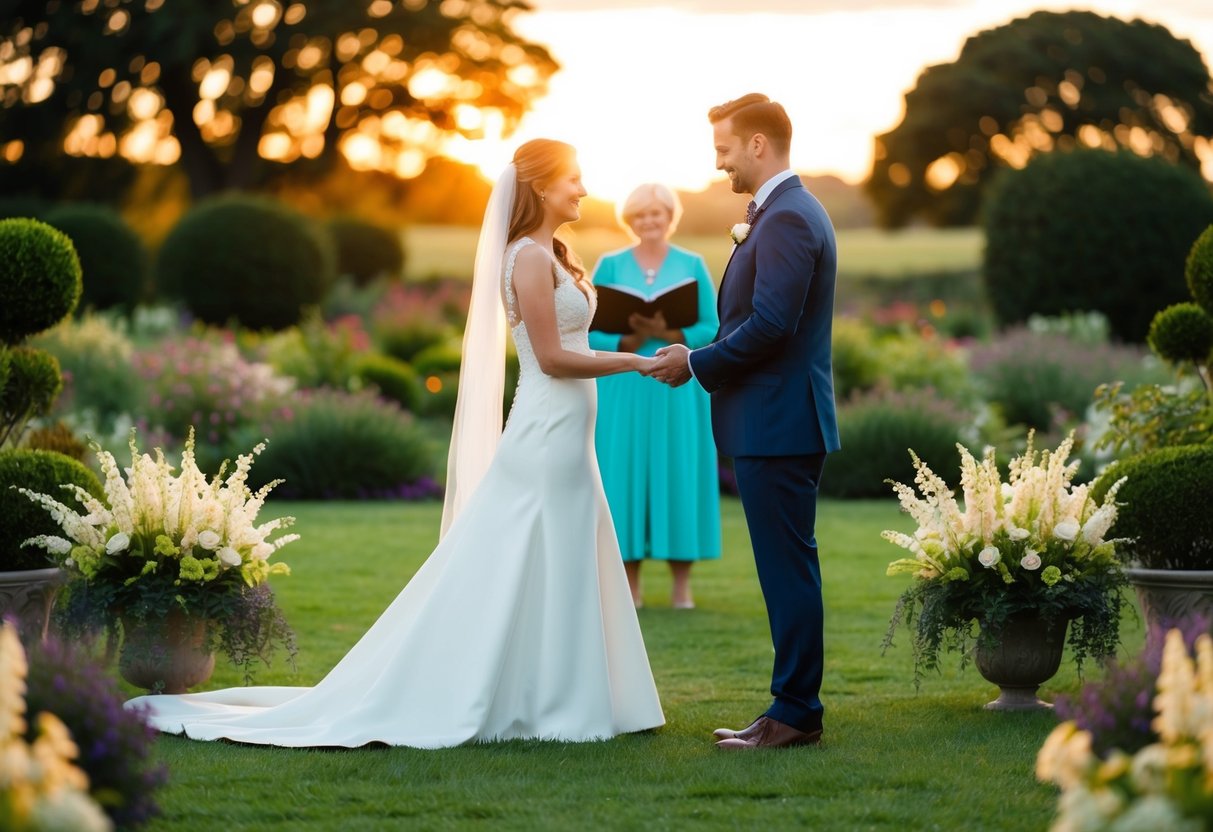 A couple stands in a picturesque garden, exchanging vows as the sun sets behind them, casting a warm glow over the scene