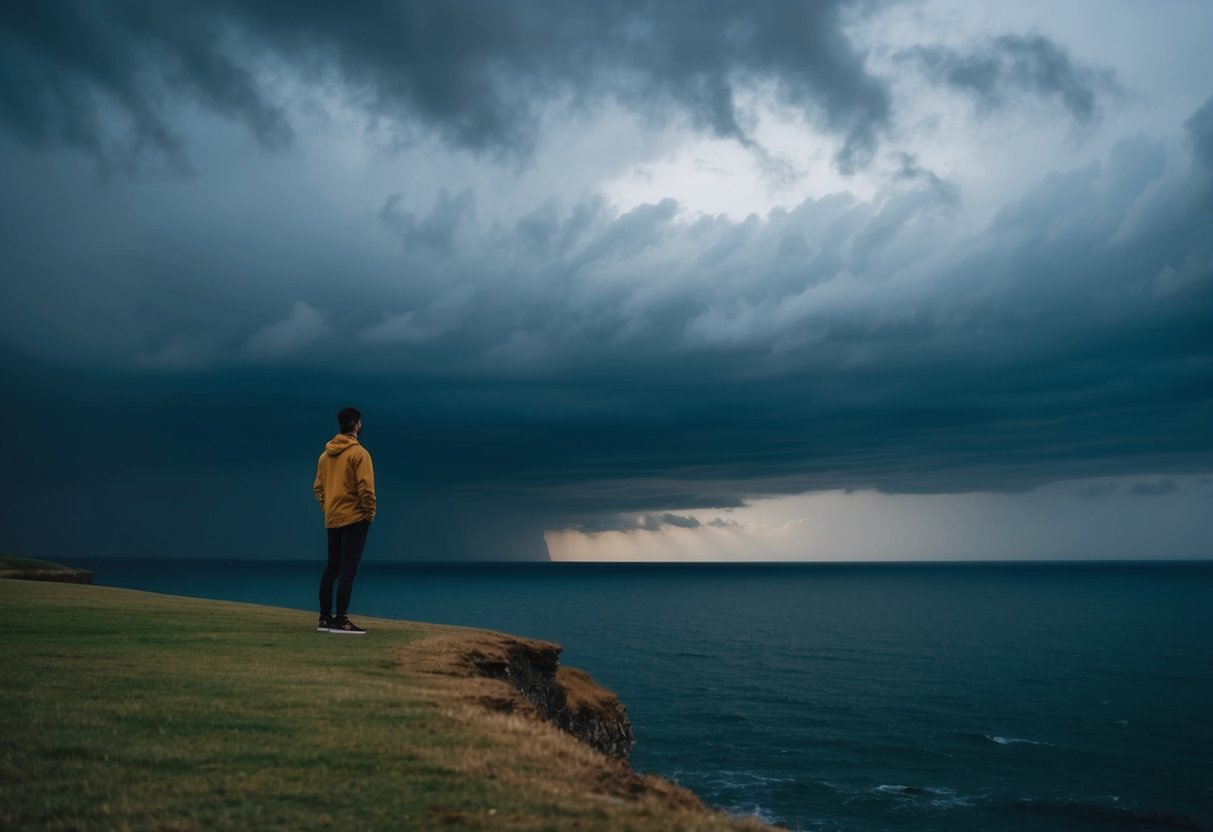 A person standing at the edge of a cliff, looking out at a stormy sea with dark clouds overhead