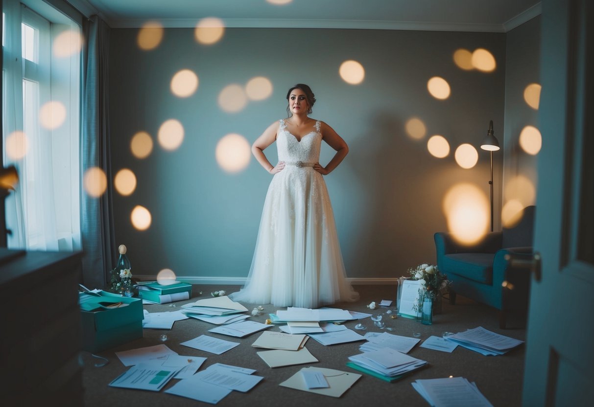 A bride standing alone in a dimly lit room, surrounded by scattered wedding planning materials and looking overwhelmed with anxiety
